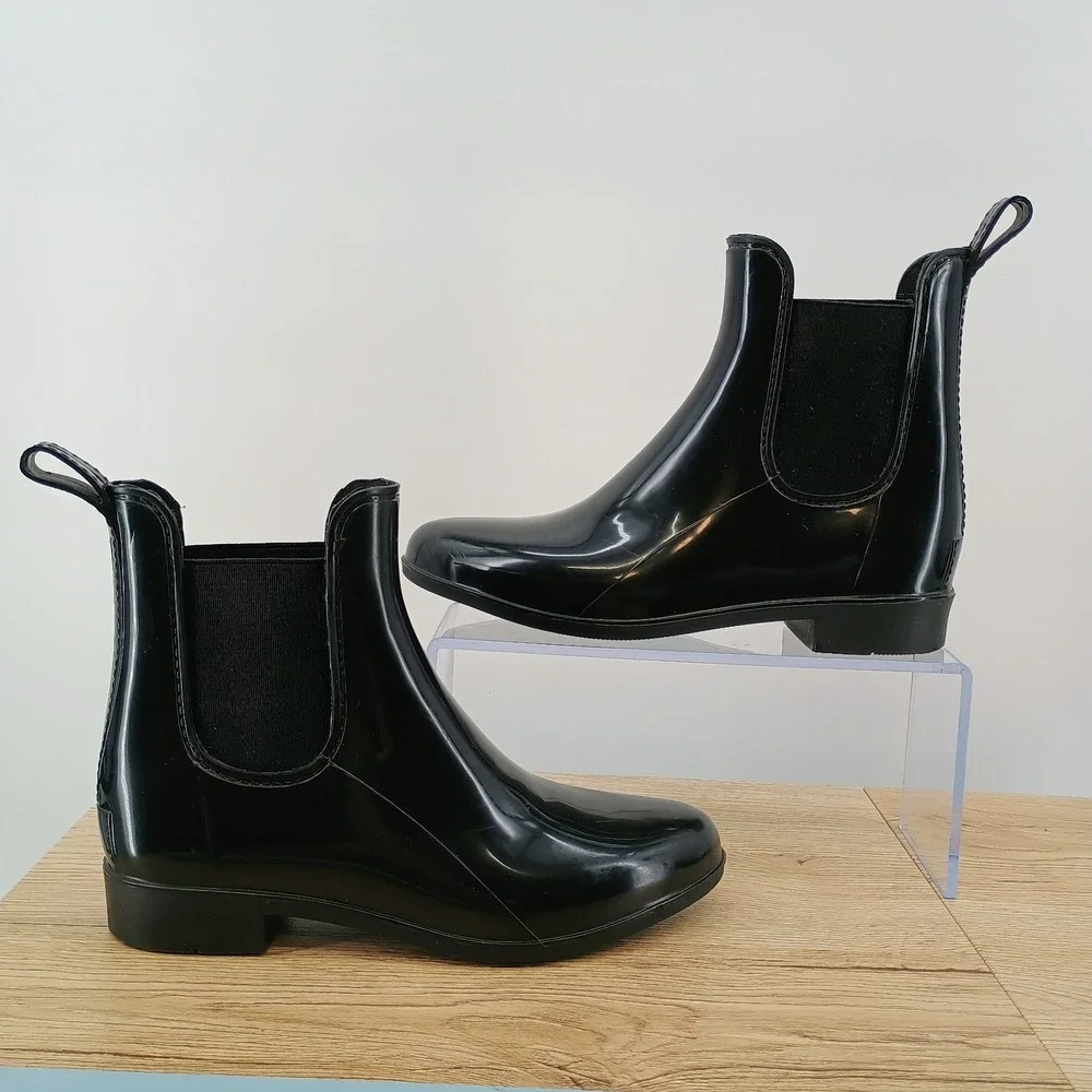 JCrew Shiny Black Rubber Rain Boots Chelsea Ankle Booties Womens SZ 6 Waterproof